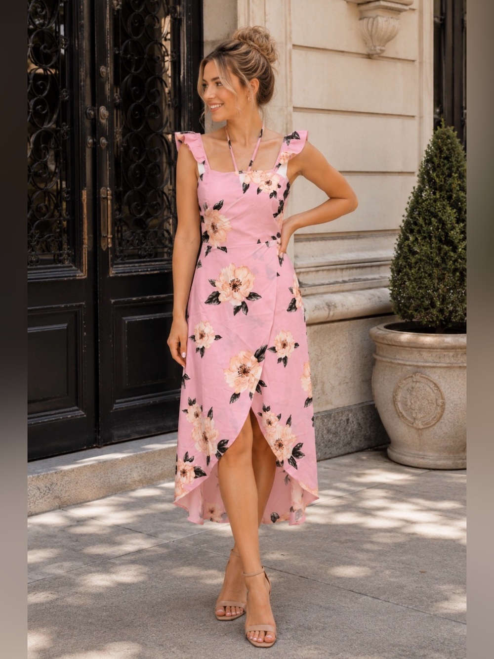J.0.A. Pink floral high low overlapping maxi dress